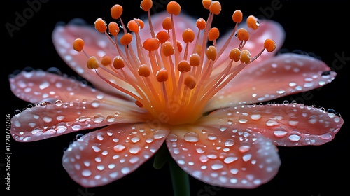 Close-Up Macro Shot of a Vibrant Flower (Likely Lily): Coral/Orange/Peach Petals, Orange Anthers with Reflective Drops, Solid Black Background