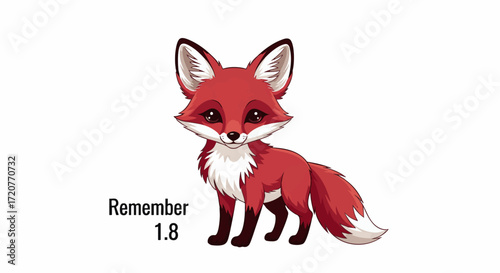 A red fox stands alone in a white environment, viewed from the side, with a subtle reminder of 1.8