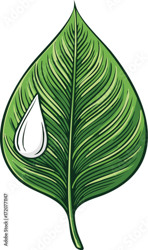 Artistic vector illustration of a detailed green leaf holding a single pure water droplet, symbolizing nature's freshness, ecology, and life