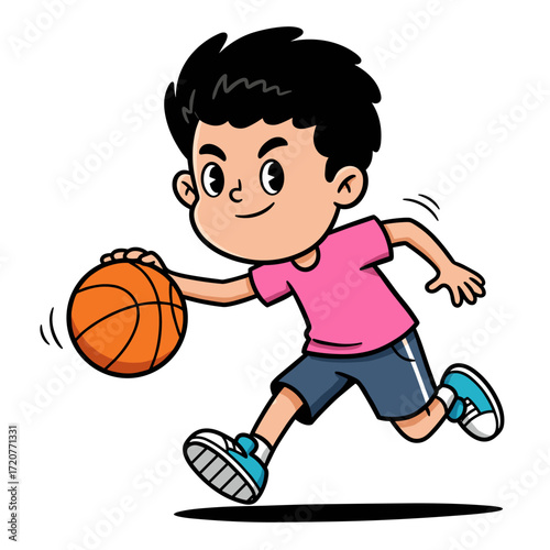 Confident child with short black hair dribbling basketball, wearing pink shirt and blue shorts.