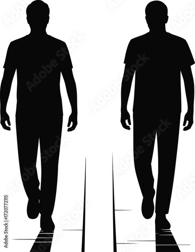 Perspective illusion silhouettes, people walking on path, visual depth concept, black vector illustration, optical lines, psychological study, white background