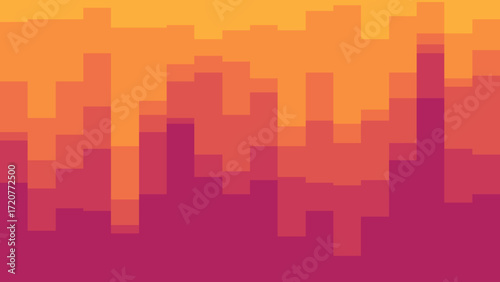 A vibrant, abstract landscape is formed by stacked geometric blocks in a warm color palette of magenta, orange, and yellow. Vector Artwork.