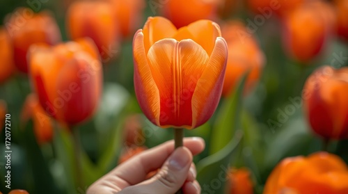 Hand holding colorful tulips with red and yellow petals blooming in a spring garden