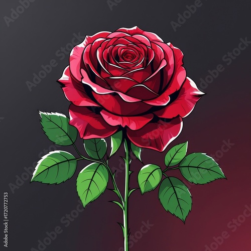 Red rose on black background with single bloom and green stem
