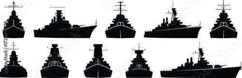 Warship silhouette icons, naval vessel vector set, battleship and destroyer profiles, military ship illustration, black graphic, white background