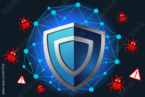 Vector illustration of a shield protecting against malware and cybersecurity threats in a digital network environment