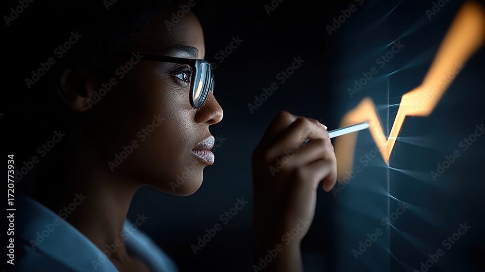 Obraz premium Professional Woman Analyzing Data with Graph in Dark Environment