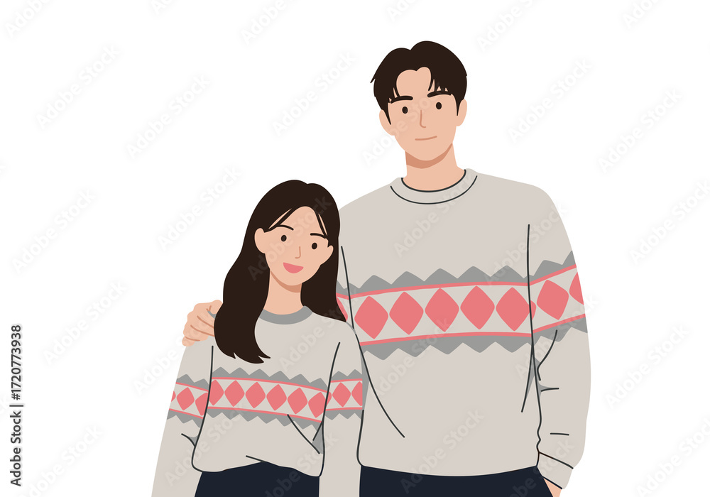 Fototapeta premium Couple wearing matching sweaters standing together in a flat vector 