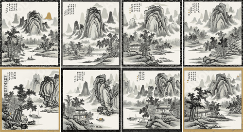 Ancient Chinese Landscape with Mountains and Waterfalls Illustrated in Black and White eps Style