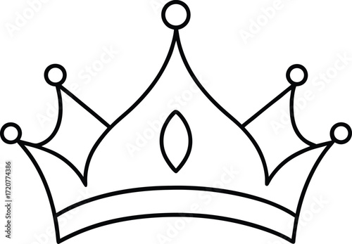 Vector art of simple black and white line drawing of a crown, the crown features a central jewel and decorative points, representing royalty and power