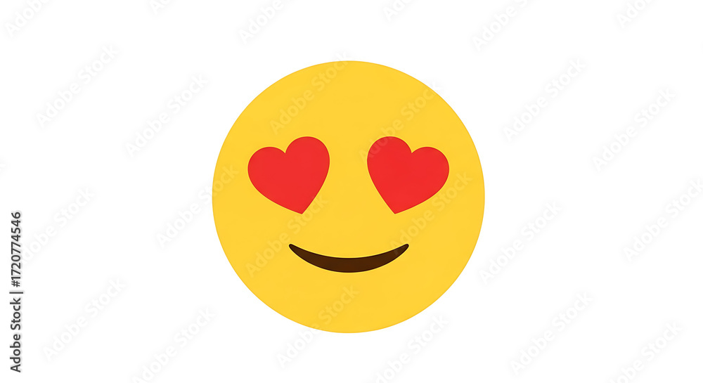 Fototapeta premium A yellow emoji face with red heart shaped eyes and a smiling mouth on a white isolated background