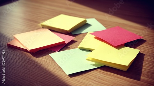 Colorful Sticky Notes on a Wooden Desk Surface in Natural Light