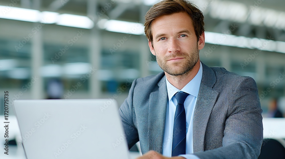 Fototapeta premium Professional Man Working on Laptop in Modern Office Environment