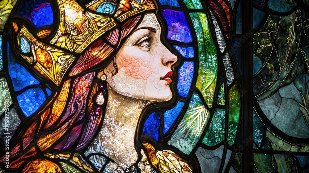 Obraz premium Close Up Of A Stained Glass Window Depicting A Regal Woman Wearing A Crown.