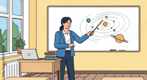 Teacher explaining solar system on whiteboard in classroom education teaching science astronomy lesson plan
