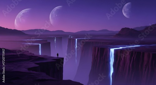 Mystical Sci-Fi Landscape: Waterfalls & Two Moons - Alien Planet, Fantasy World, Futuristic Nature Scene