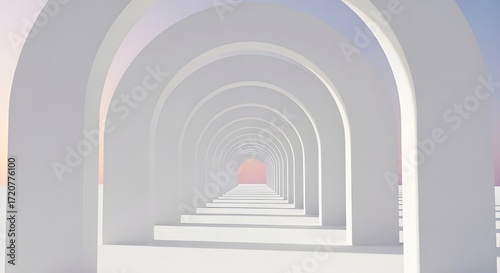 Modern White Arched Hallway - Minimalist Architectural Render, Clean Design, Elegant Interior Passage, Gallery