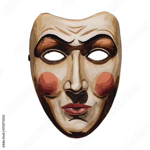 Masquerade mask design watercolor painting. Traditional facial adornment with exaggerated features, artistic illustration for cultural events