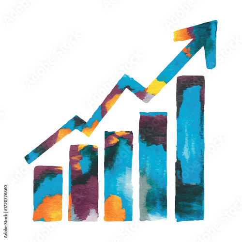 Watercolor business growth chart with upward arrow and bar graph