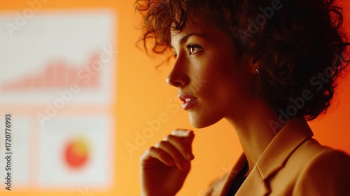 Thoughtful Woman in Business Attire Analyzing Data on Orange Background