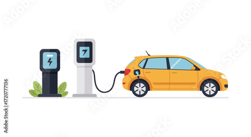 Electric car charging station with orange vehicle and two charging kiosks detailed scene isolated on white background