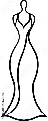 Vector art of elegant black and white line art illustration of a flowing evening gown on a mannequin, , symbolizing fashion design and haute couture