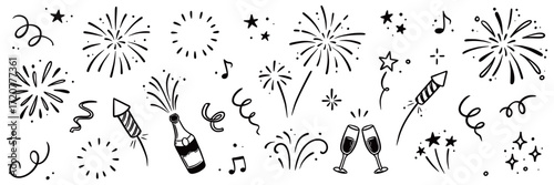 Wallpaper Mural Firework vector new year set. Hand drawn background with doodle sparkler, firecracker and confetti for new year, birthday or holiday celebration. Sketch firework party style. Vector illustration Torontodigital.ca