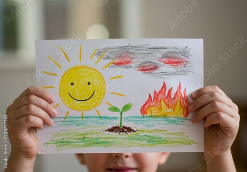 Child drawing of forest wildfires with sun seedling and smoke, environmental disaster and nature protection concept