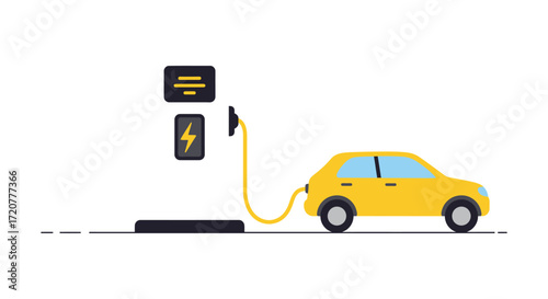 Modern yellow electric car charging at a clean energy station with digital displays isolated on white background