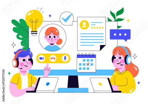 Remote Job Interview via Video Call Illustration Featuring HR and Candidate Communication for Recruitment and Hiring in Remote Work in a Background