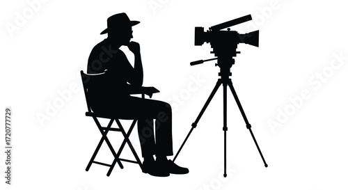 Filmmaker sitting on chair beside professional camera on tripod creating content concept isolated on white background