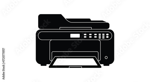 Modern all-in-one printer device silhouette for office and home printing needs isolated on white background
