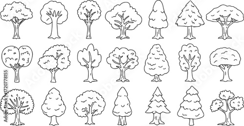 Cartoon tree outline coloring book page, Tree line art vector drawing illustration
