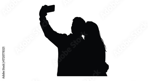 Silhouette of a couple taking a selfie together kissing romantic moment captured isolated on white background
