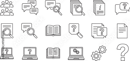 Illustration of collection of line art icons representing search, questions, and information
