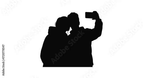 Couple capturing cherished moment photographing themselves together silhouetted image isolated on white background