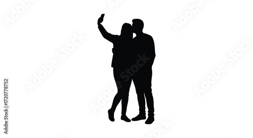 Silhouette couple taking a selfie romantic moment capturing memories together isolated on white background