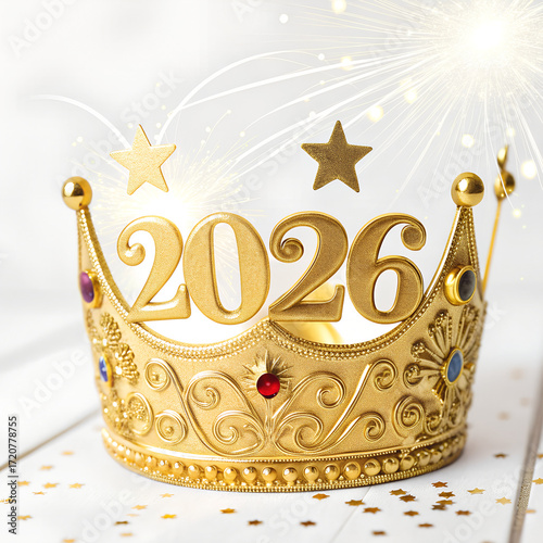 Golden crown with 2026 numbers and sparkles celebrating new year