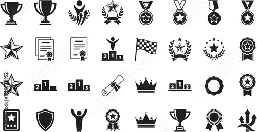 Illustration of collection of award and achievement icons isolated on white background