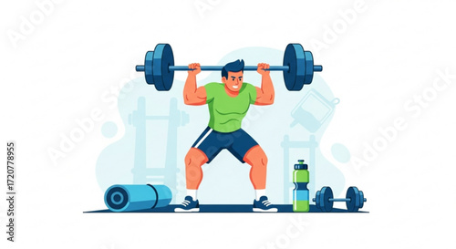 Man lifting barbell weight training fitness exercise workout gym strength training overhead press bodybuilder vector