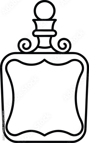 Vector art of a simple black and white line art illustration of an antique perfume bottle with a decorative stopper and ornate swirls, isolated on a