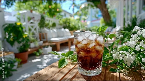 a and table, terrace, A on reflecting green iced glass of coffee a on wooden bright natural sunlight scene on ice cubes, morning plants refreshing cozy around, a vibrant leaves colors, and  88034755 1