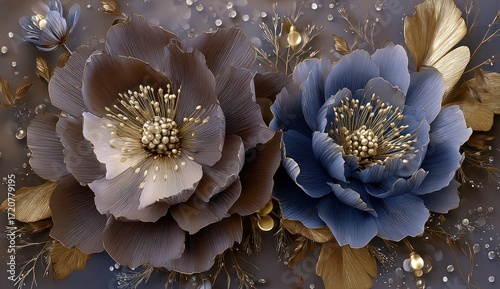 Two elegant, dimensional flowers in shades of deep blue and warm brown, highlighted with gold accents, create a captivating floral design.