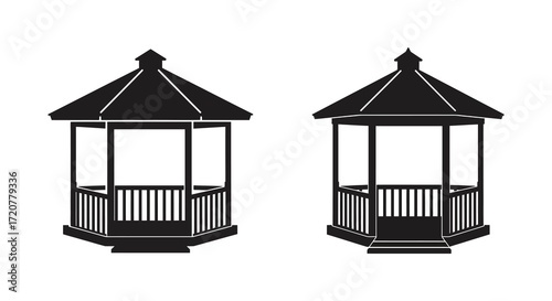 Two classic octagonal gazebos silhouette simple outdoor garden structure design element isolated on white background
