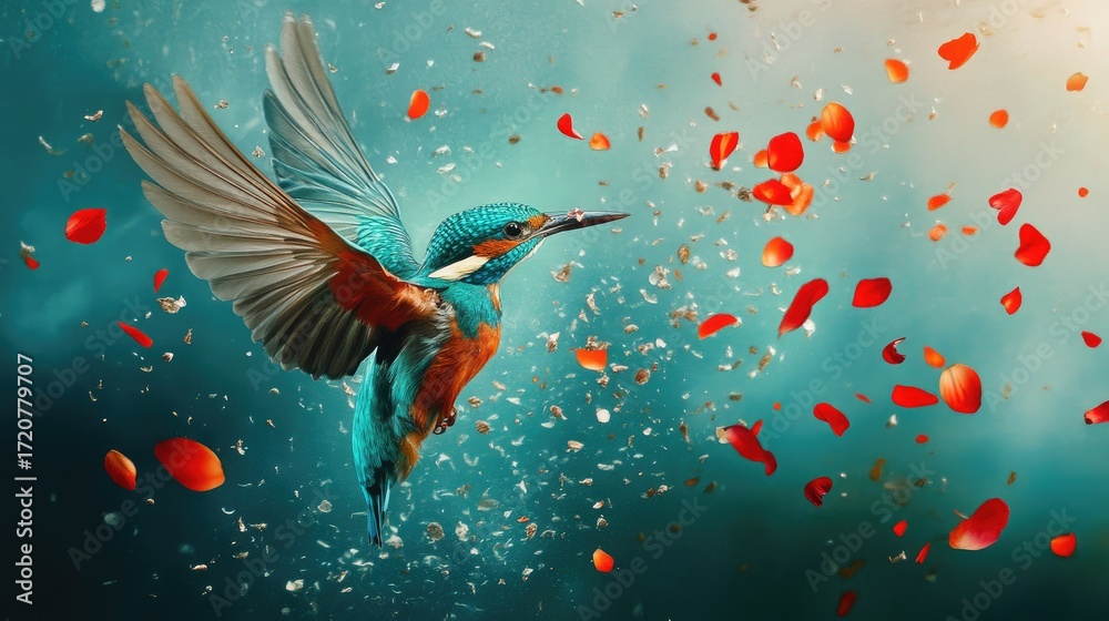 Fototapeta premium A vibrant kingfisher soars amidst falling rose petals