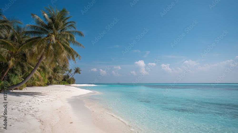 Fototapeta premium Serene tropical beach panorama featuring turquoise water and white sand