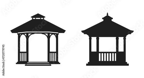 Two silhouetted gazebos outdoor garden structures for relaxation and events isolated on white background
