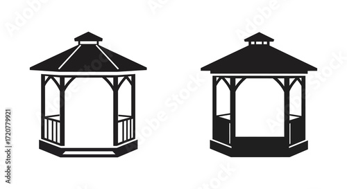 Two silhouette gazebos outdoor shelter structures for garden patio and park relaxation isolated on white background