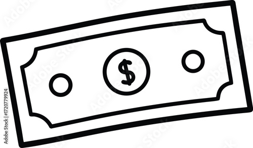 Vector art of a simple black and white line drawing of a us dollar bill, representing money, finance, and wealth, isolated on a
