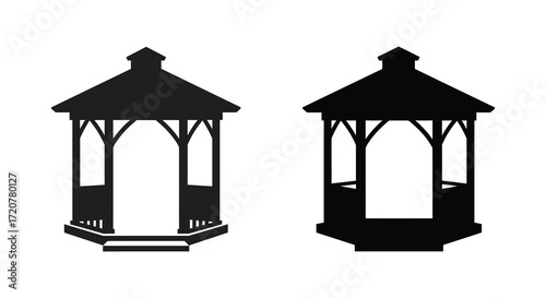 Two silhouette gazebo structures decorative outdoor shelter structures for gardens and parks isolated on white background